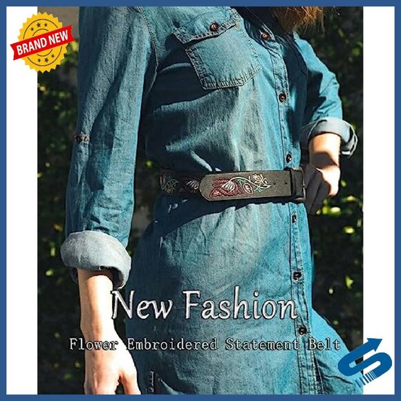 Western Boho Embroidery PU Leather Belt for Jeans & Dresses Size S/M